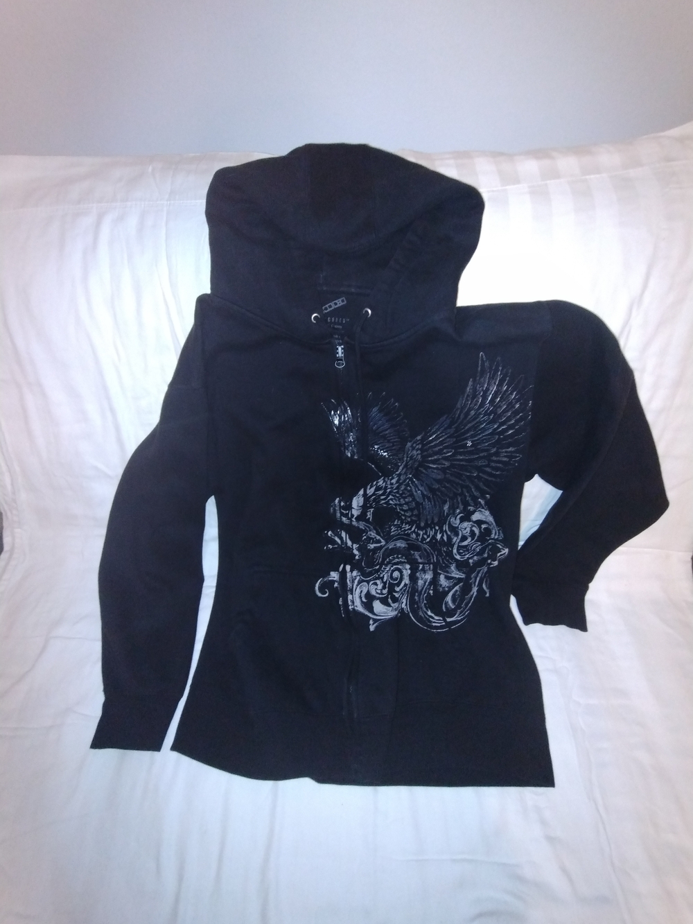Black Women's Zip-Up Hoodie with Silver Eagle Graphic - Brand:
